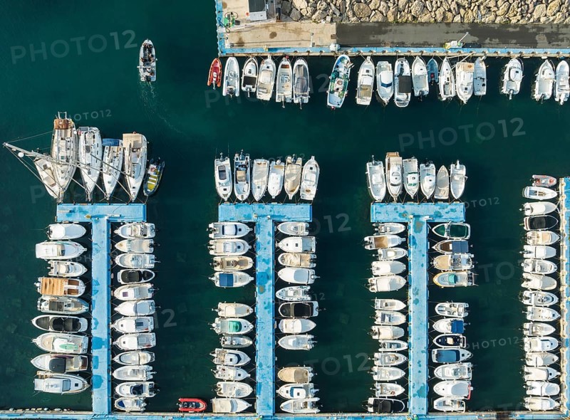 Wharves at the marina of San José. Aerial view. Drone shot. Nature Reserve Cabo de Gata-Nijar, Almería province, Andalusia, Spain, Europe