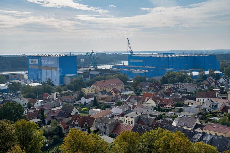 Town view with Peene shipyard, Wolgast, Usedom Island, Mecklenburg-Western Pomerania, Germany, Europe