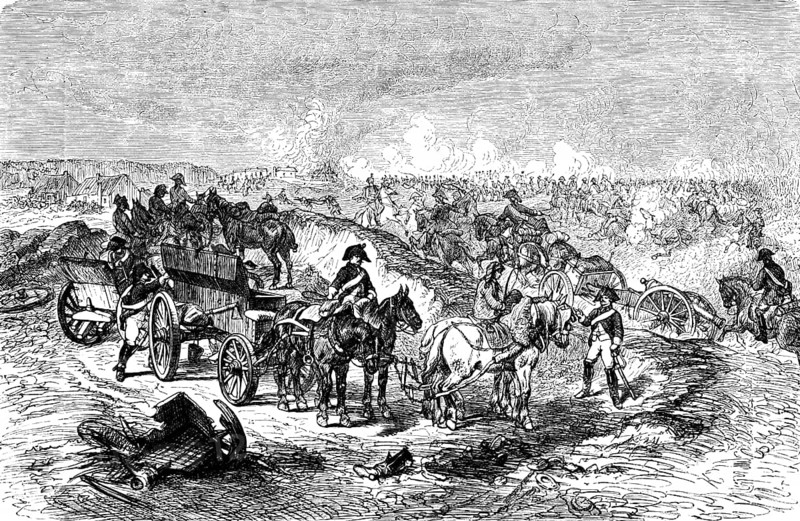 Cannonade of Valmy 1792, Champagne, France, war of Prussia against France, First Coalition War, Prussian army, cannons, horse-drawn carriage, soldiers, horsemen, fire, siege, battle, battle, commander Duke Karl Wilhelm Ferdinand of Brunswick, landscape, historical illustration 1882, Europe
