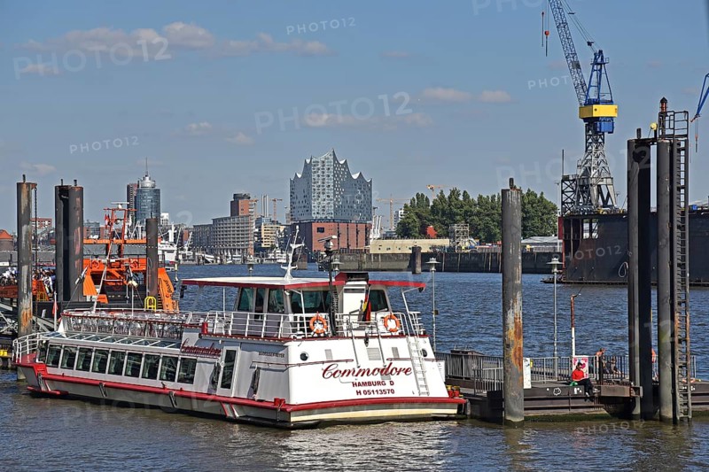 Europe, Germany, Hanseatic city of Hamburg, harbour, Elbe, Altona pier, view of the Elbe Philharmonic Hall, excursion boat Commodore, Europe
