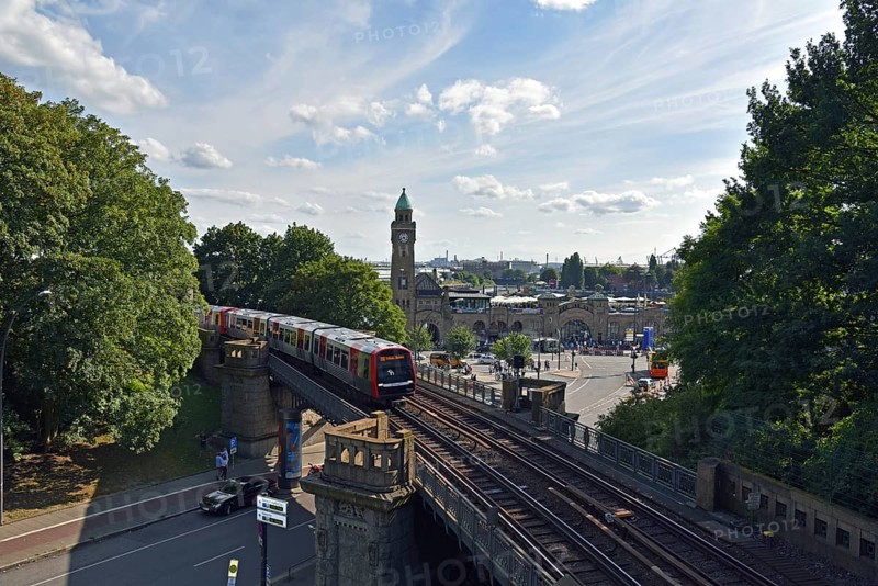 Europe, Germany, Hanseatic City of Hamburg, underground at the harbour, Landungsbrücken station, viaduct over Helgoländer Allee with view to the glass tower, U3, Europe