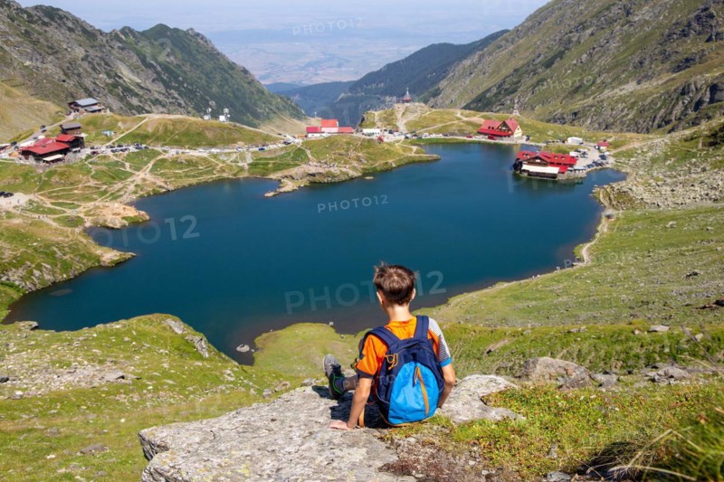 Romania: Lake Balea (Romanian: Balea Lac) from above. The lake is located at the summit of the Transfogarasch High Road in the Fogarasch Mountains on the border between Transylvania and Wallachia and is a popular excursion destination