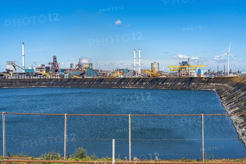 The Tata Steel steel and metallurgical plant in IJmuiden, Velsen, North Holland, Netherlands, largest industrial area in the Netherlands, 2 blast furnaces, 2 coking plants, rolling mills, directly on the North Sea, estuary of the river Ij, Ijmuiden aan Zee