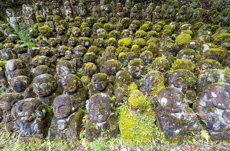 Moss-covered stone statues of rakans, the disciples of Buddha, Otagi Nenbutsu-ji temple, Kyoto, Japan, Asia