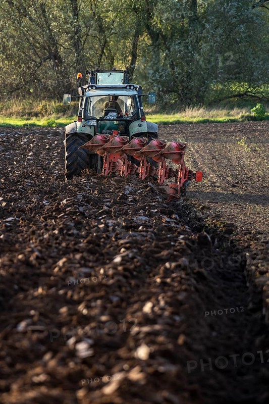 Farmer ploughing a field, tractor with plough, near Neuss, North Rhine-Westphalia, Germany, Europe