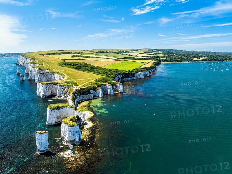 White Cliffs of Old Harry Rocks Jurassic Coast from a drone, Dorset Coast, Poole, England, United Kingdom, Europe