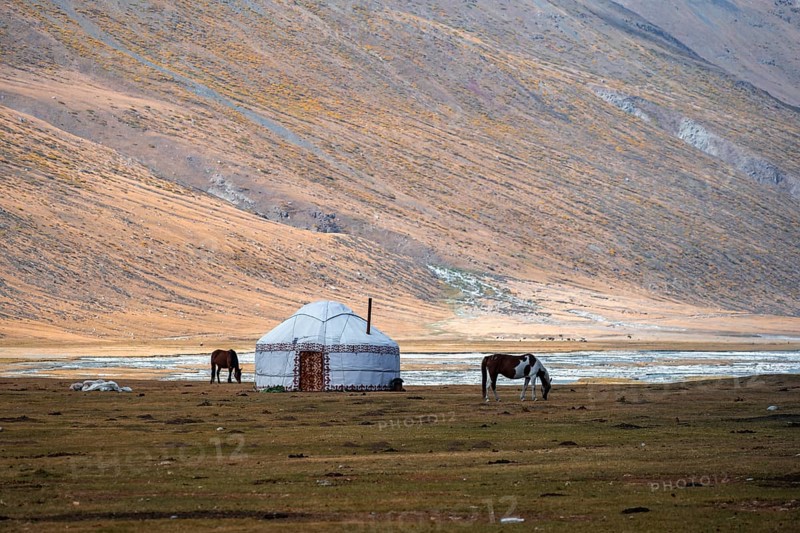 Yurt and horse in the mountains, barren landscape, Burkhan Valley, Tien Shan, Issyk Kul Province, Kyrgyzstan, Asia