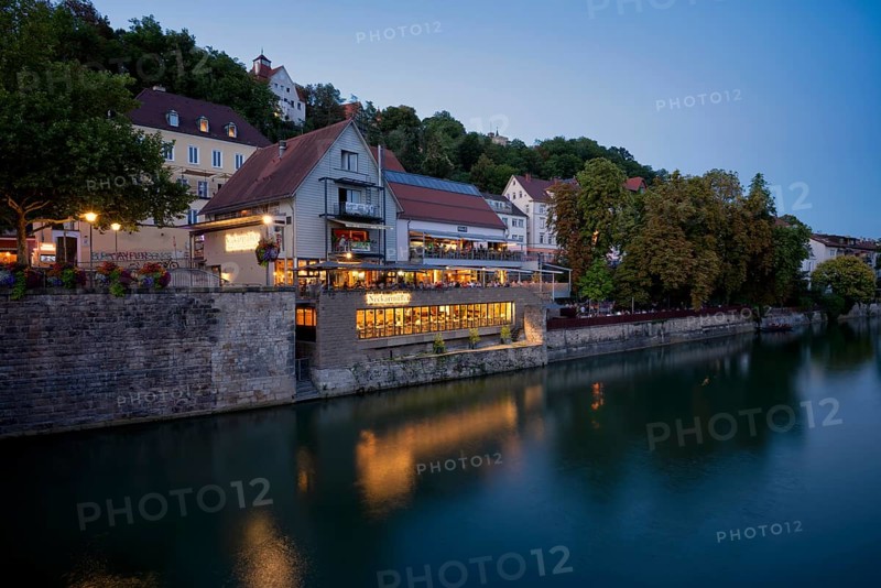 View in summer from the Neckar bridge to the Neckarmüller beer garden, El Chico restaurant, evening, twilight, atmospheric, blue hour, Tübingen, Baden-Württemberg, Germany, Europe