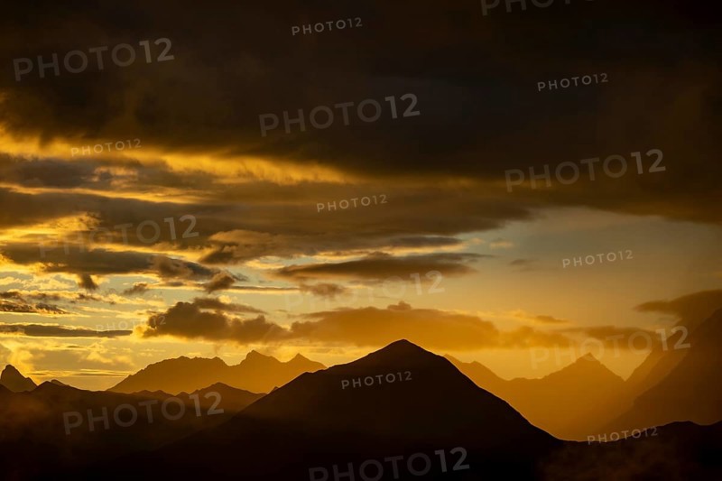 Montafon mountains with dramatic cloudy sky at sunset, Tschagguns, Rätikon, Montafon, Vorarlberg, Austria, Europe