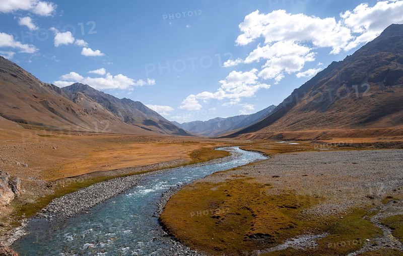 Burkhan valley with blue river, mountain landscape with golden meadows, Terskey Ala-Too, Tien Shan, Issyk Kul province, Kyrgyzstan, Asia