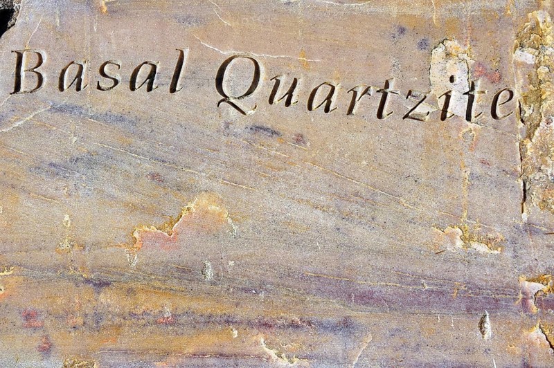 Basal quartzite rock fragment, part of the Knockan Puzzle at the Knockan Crag National Nature Reserve, Highlands, Scotland, United Kingdom, Europe