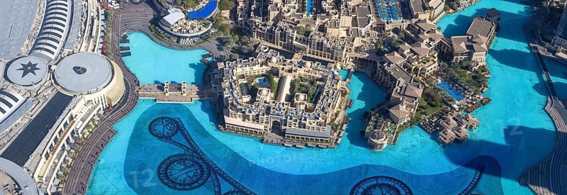UAE, Dubai panoramic skyline view of city downtown and Dubai Mall