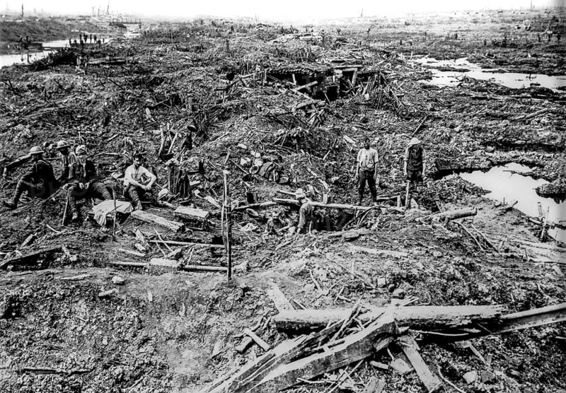 WWI 1917 Battle of Passchendaele, British Army soldiers in smashed German trenches near Boezinge during World War One in West Flanders, Belgium, Europe