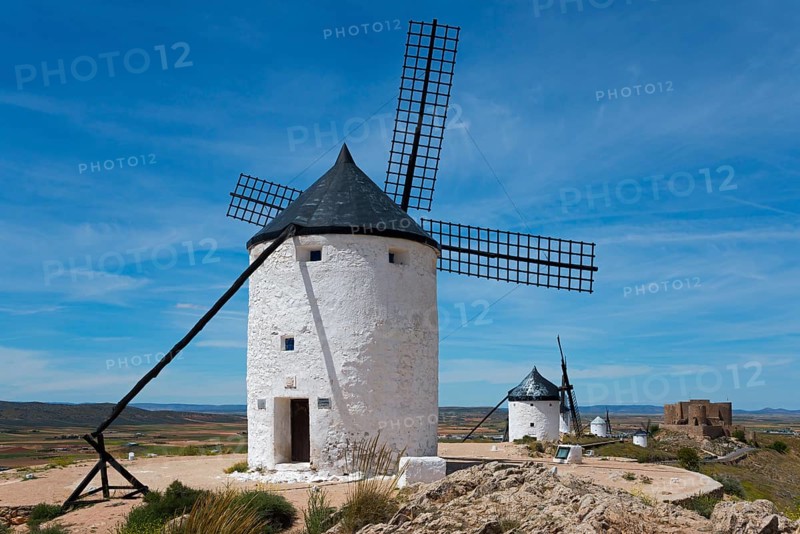 Several white windmills under a clear sky in a wide, sunny landscape, Consuegra, Toledo, Castilla-La Mancha, Route of Don Quixote, Spain, Europe