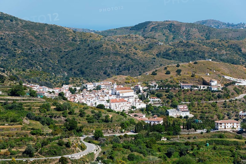 Picturesque village nestled in a hilly landscape with green surroundings, views of Sedella, Área Recreativa de Sedella, Parque Natural de las Sierras de Tejeda, Almijara and Alhama, Province of Málaga, Malaga, Andalusia, Spain, Europe