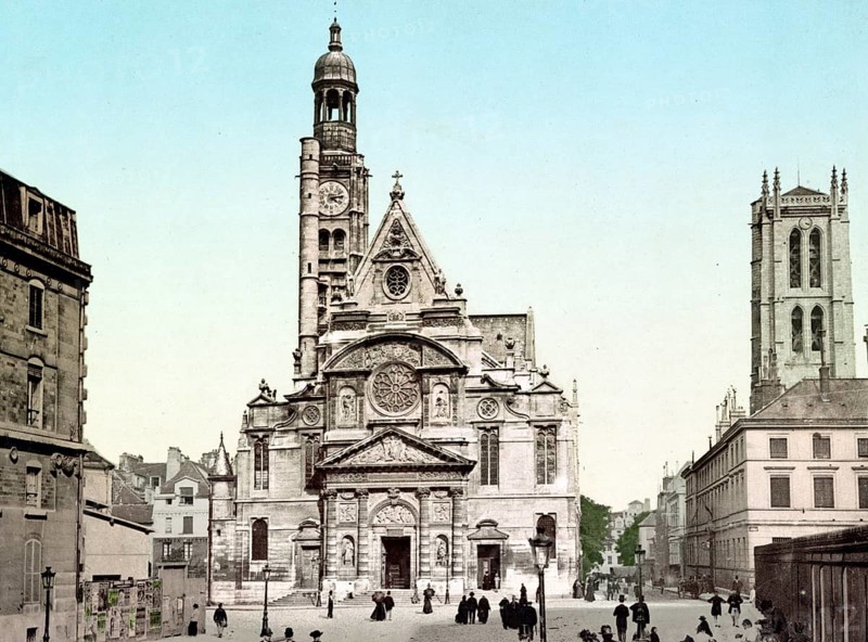 Parish church Saint-Etienne-du-Mont stands on the Montagne Sainte-Genevieve, hill of St Genoveva, Paris, France, 1890, Historical, digitally restored reproduction from a 19th century original, Record date not stated, Europe