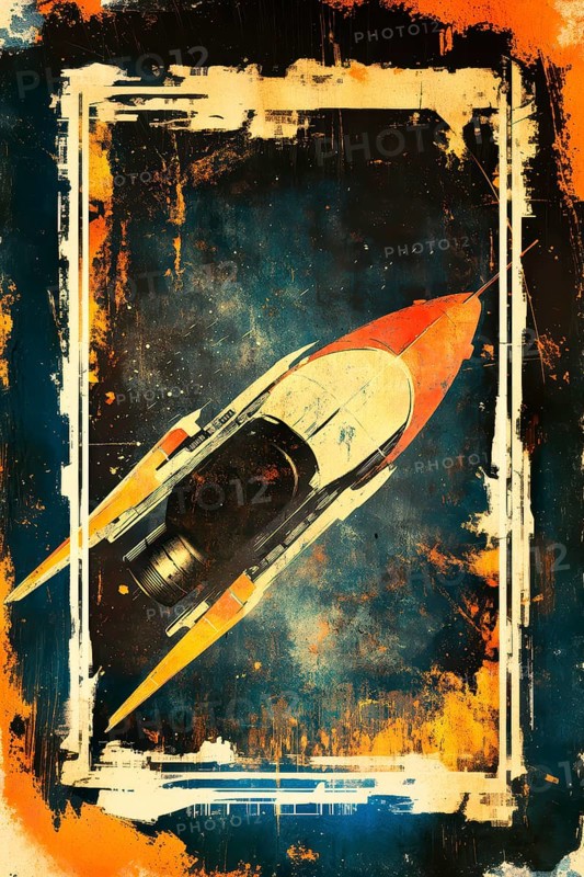 Vintage poster from the 60s and 70s representing a spaceship, AI generated
