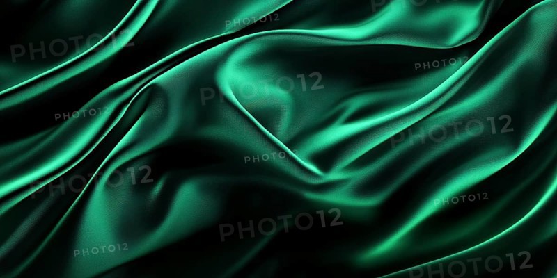 Banner with green shiny silk textile with folds. Generative AI, AI generated
