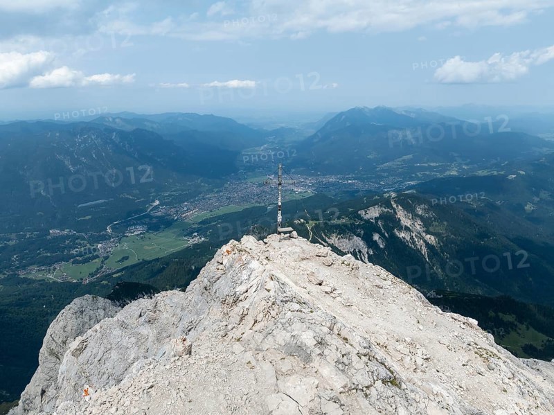 Alpine panorama, aerial view, view from the Alpspitze with summit cross, high mountains, Bavaria, Germany, Europe