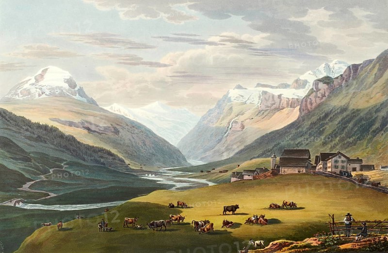View of the village of Hinterrhein and the first bridge over the inner Rhine, taken in the direction of the Rheinwald glacier, Switzerland, view around 1830, digitally restored reproduction of a 19th century model by Johann Ludwig Bleuler (12 February 1792 - 28 March 1850), Swiss draughtsman and painter, Europe