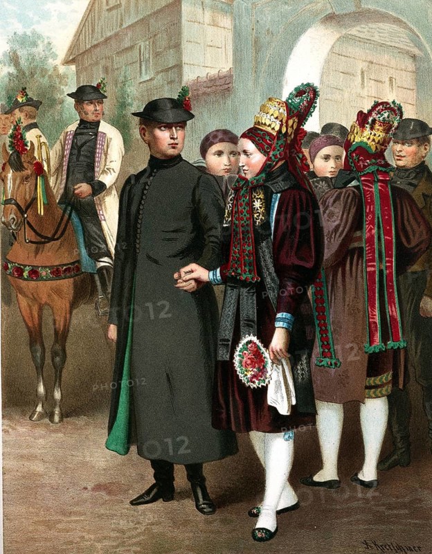 Traditional costumes in Germany around 1820, Altenburg, wedding procession in traditional dress with horses and guests, digitally retouched reproduction of a model from around 1850, by Albert Kretschmer (27 February 1825, 11 July 1891), German painter and costumier