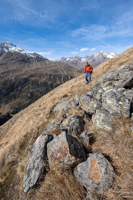 Mountaineers on a hiking trail in Niedertal, snow-covered mountain peaks of the Ötztal Alps with Wildspitze in the background, Ötztal Alps, Tyrol, Austria, Europe