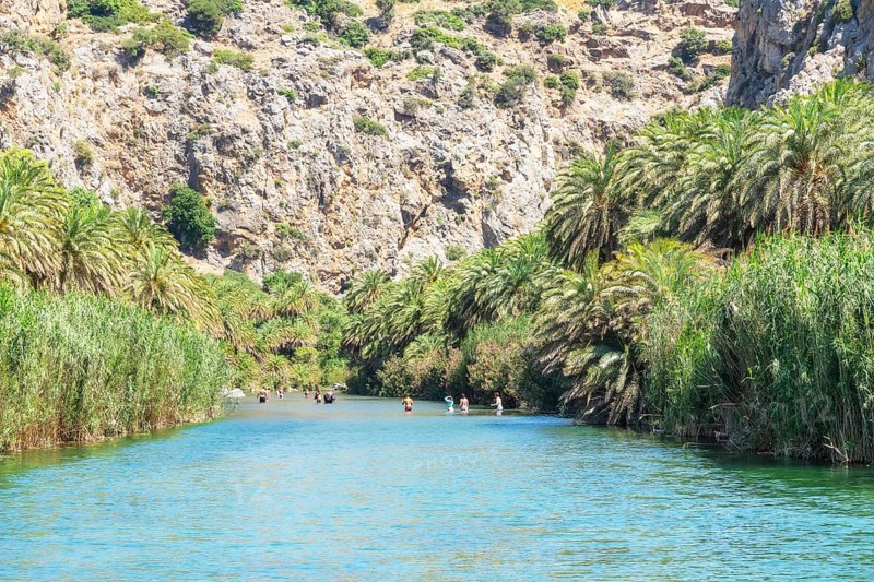 View of Megalopotamos river and Preveli palm forest, Rethymno, Crete, Greek Islands, Greece, Europe