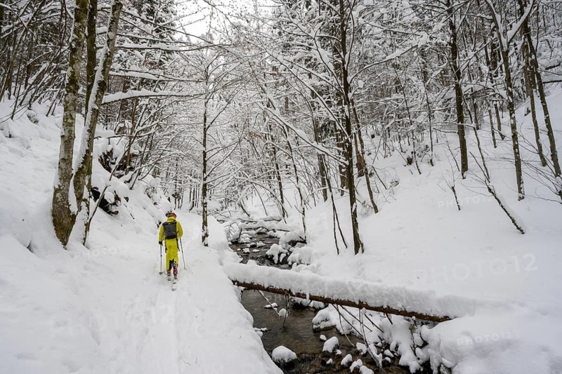Ski tourer in snowy winter forest with mountain stream, Hachelbach in Josefstal, Neuhaus, Mangfallgebrige, Bavaria, Germany, Europe