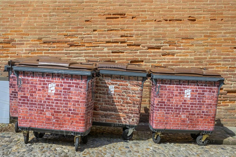 Brick-look rubbish bins on Saint Salvy square, Albi, Tarn department, France, Europe