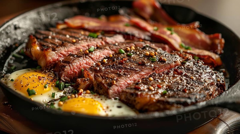 Cast iron pan with thick steak and eggs cooking. generative AI, AI generated