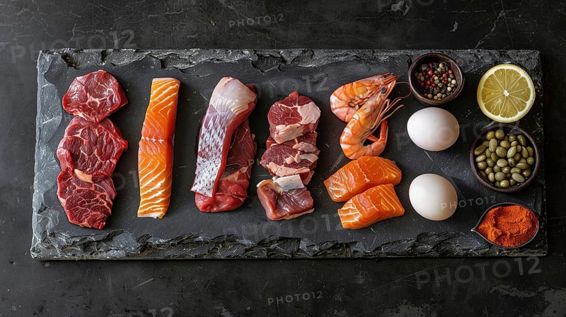 All meat, fish and eggs platter overhead. generative AI, AI generated