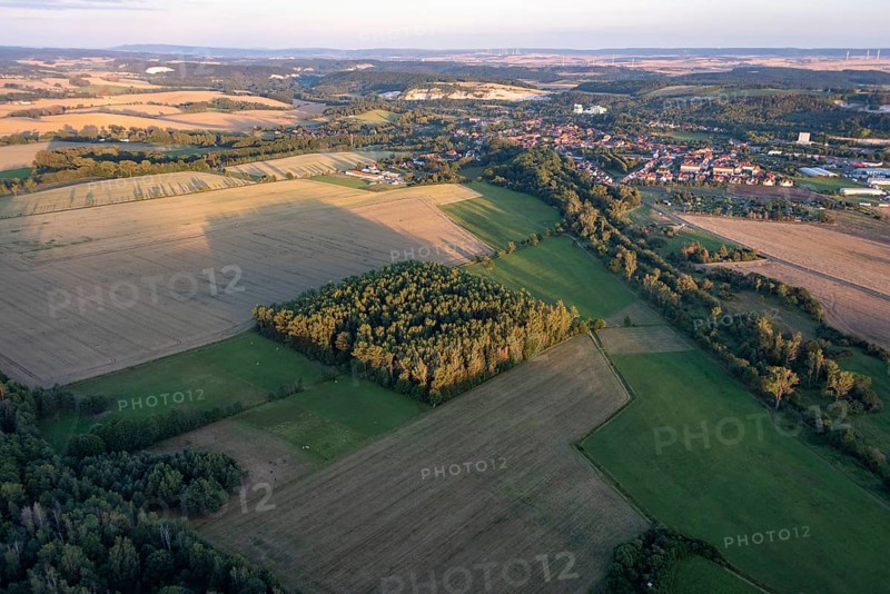 View from a hot-air balloon of open-cast mining, gypsum mining, wind turbines, Ellrich, Thuringia, Germany, Europe