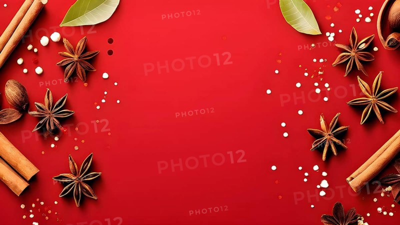 Abstract wallpaper illustration of Christmas spices like cinnamon sticks, star anise, and cloves, AI generated