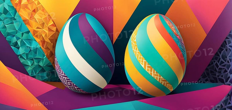 Abstract Easter egg design with geometric patterns, bold colors, and a mix of textures, creating a modern and dynamic look, AI generated
