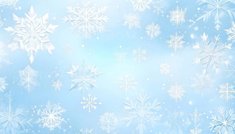 Abstract pattern of snowflakes in varying sizes and shapes in soft white and blue gradients, AI generated