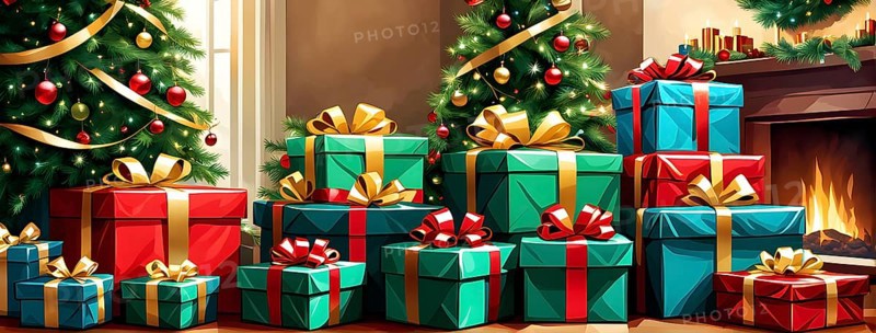 Abstract illustration of wrapped Christmas gifts, shiny ribbons and bows, stacked under a evergreen tree in a cozy living room, AI generated