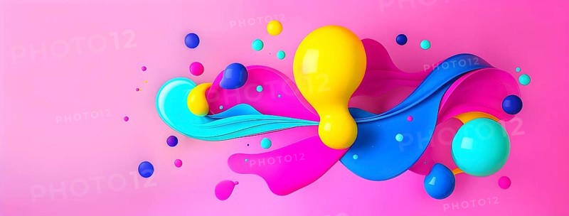 Abstract image with colorful yellow and turquoise blobs and liquid shapes on a pink background, AI generated