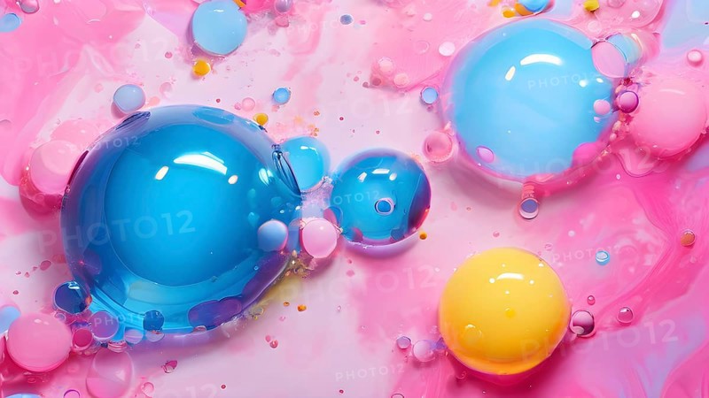 Abstract image with colorful yellow and turquoise blobs and liquid shapes on a pink background, AI generated