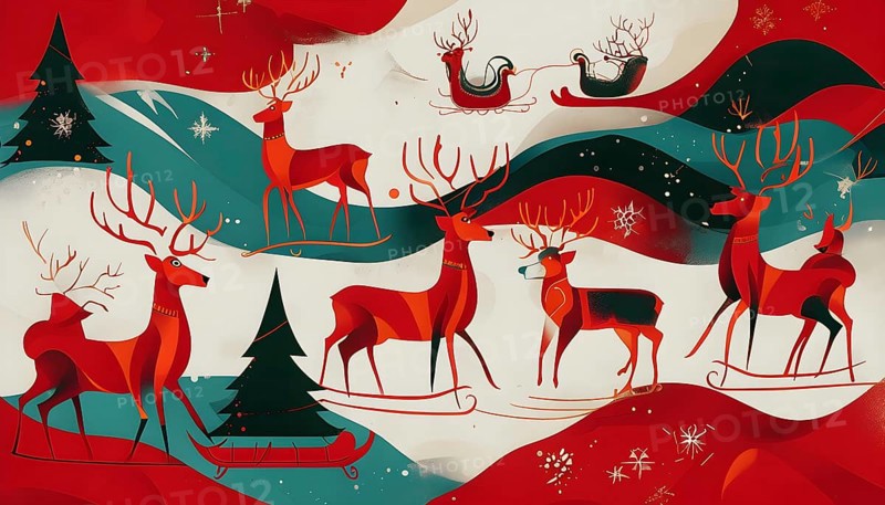Whimsical abstract scene with stylized reindeer and sleighs to capture the magic of Christmas, AI generated