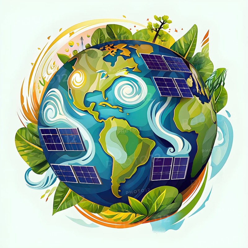 Illustration of a globe composed of triangular solar panels and swirling wind patterns, symbolizing global renewable energy, AI generated