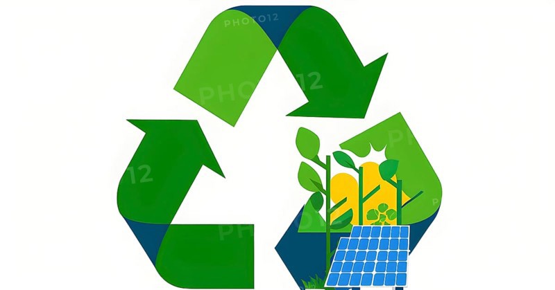 Recycling symbol morphing into growing plants and solar cells to symbolize the transformation of waste into renewable resources, AI generated