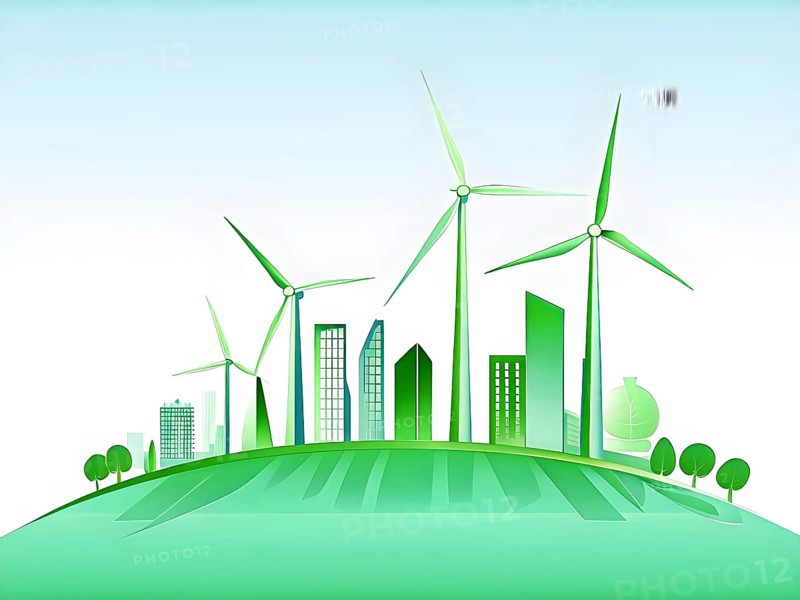 Abstract visual illustration of a city skyline where buildings morph into wind turbines and trees, AI generated