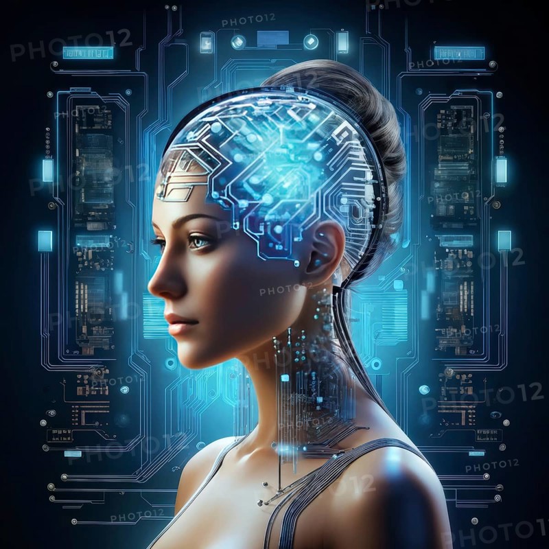 Illustration of a human brain merging with a woman's head intertwined with microchips and a processor, AI generated