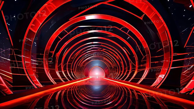 Abstract geometric pattern tunnel structure embodying data streams and communication in red hues, AI generated