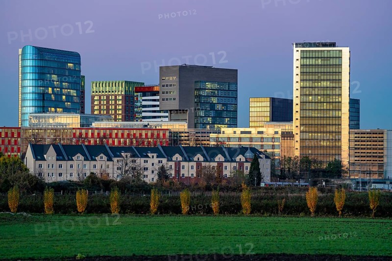 Skyline of the houses in the media harbour, in front of it residential buildings in the Hamm district, Düsseldorf, North Rhine-Westphalia, Germany, Europe