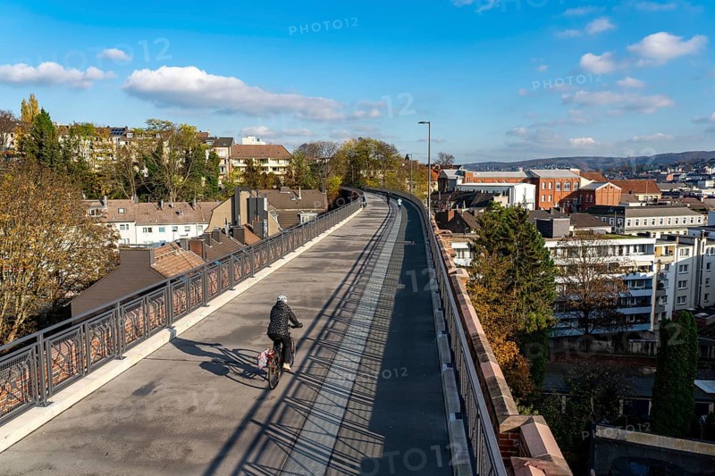 The Nordbahntrasse, a cycle path, footpath, on a former 22 KM long railway line, along the west-east axis of Wuppertal, on the northern slope, with many tunnels, viaducts and views of the city, Kuhler Viaduct, Wuppertal, North Rhine-Westphalia, Germany, Europe