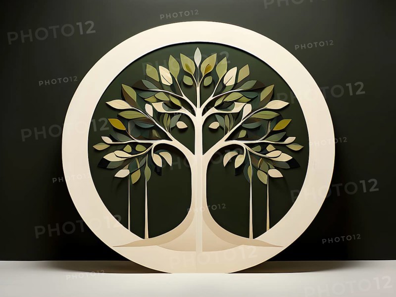 Abstract geometric tree with a circular canopy and a rectangular trunk, arranged in a clean, balanced design with a limited color palette of olive green, deep brown, and ivory, AI generated