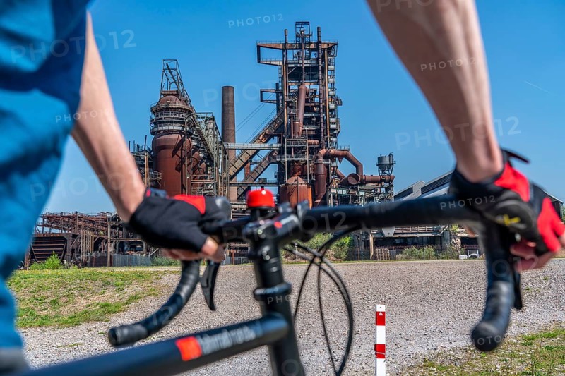 Phönix West, old steelworks in DortmundBiking in the Ruhr area, Franz slagheap, slagheap sign, orange, snail shell-shaped observation tower, Hamm, North Rhine-Westphalia, Germany The Phönix West blast furnace works, Dortmund, blast furnaces closed in 1998, Phönix Park, North Rhine-Westphalia, Germany, Europe