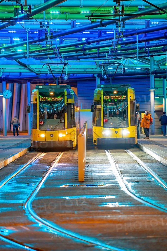 Ruhrbahn trams, at Essen-Steele S-Bahn station, interface between rail transport and tram and bus lines, in Essen, North Rhine-Westphalia, Germany, Europe
