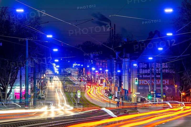 The Blue Ribbon, a light installation along Kurt-Schumacher-Straße, in Gelsenkirchen Schalke, 2.7 km long, organised by the Schalker Markt Foundation, North Rhine-Westphalia, Germany, Europe